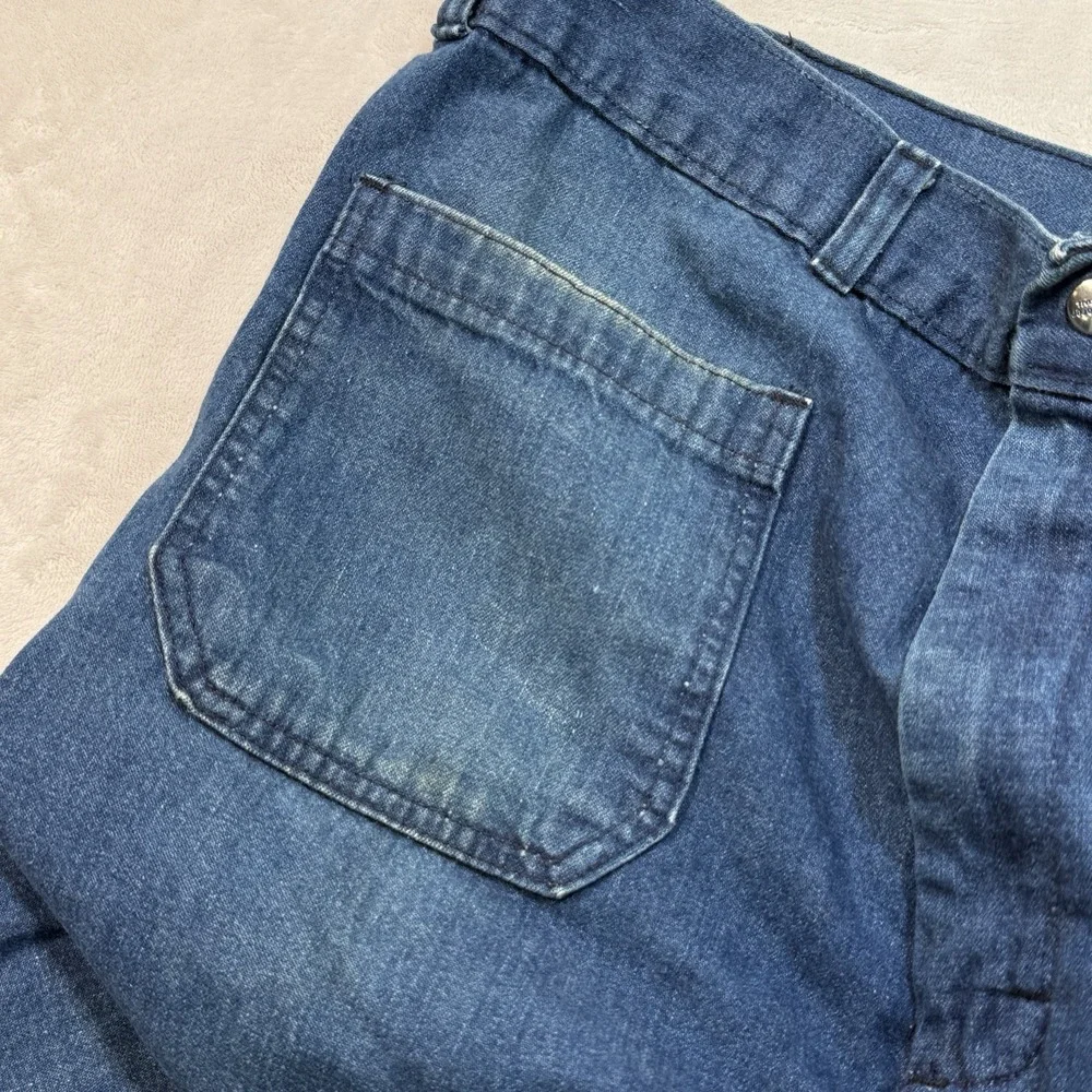 Vintage 70s Seafarer Bell Bottom Jeans 36x32 USA Made Navy Denim Sailor Talon 42